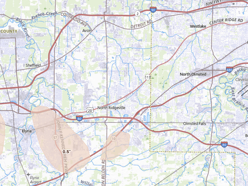 Radar-estimated hail-size map of the storm over North Ridgeville, OH on Aug 10, 2026