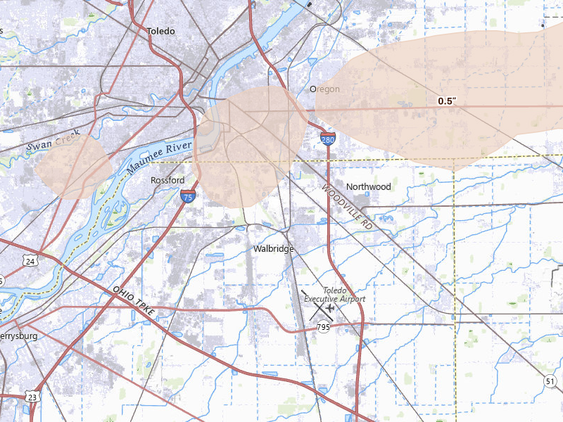 Radar-estimated hail-size map of the storm over Northwood, OH on Jul 20, 2026