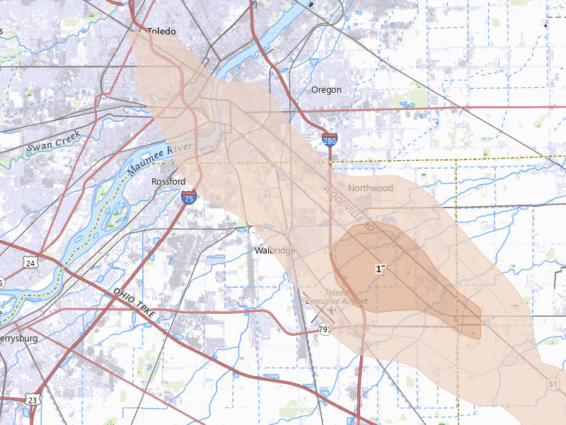 Radar-estimated hail-size map of the storm over Northwood, OH on Jul 27, 2026