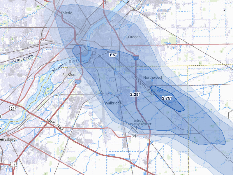 NEXRAD radar-signature map of the hail storm over Northwood, OH on Jul 27, 2026