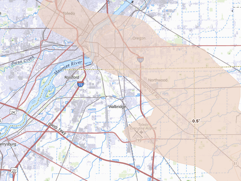 Radar-estimated hail-size map of the storm over Northwood, OH on Aug 10, 2026