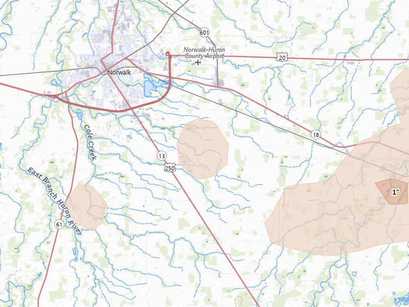 Radar-estimated hail-size map of the storm over Norwalk, OH on Apr 15, 2026