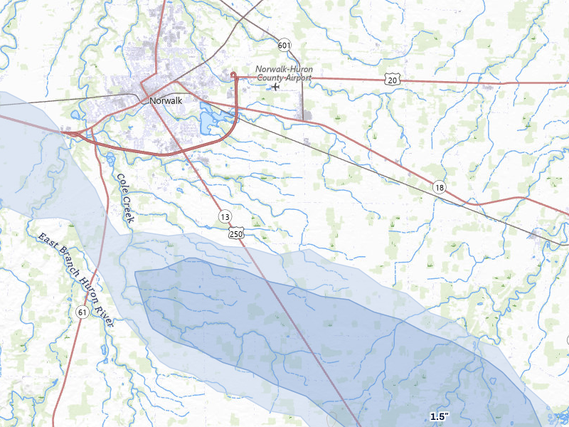 NEXRAD radar-signature map of the hail storm over Norwalk, OH on Apr 22, 2026