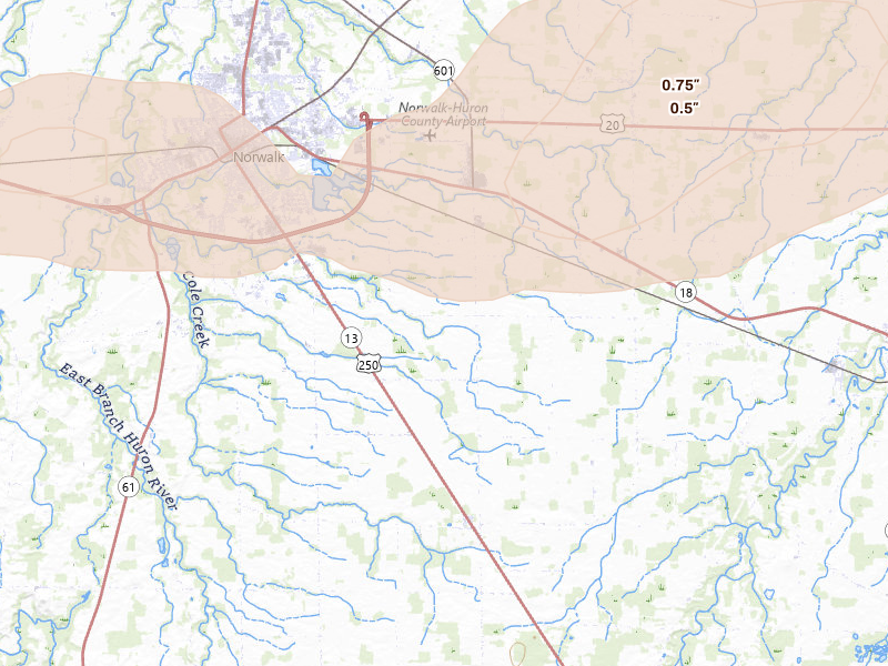 Radar-estimated hail-size map of the storm over Norwalk, OH on Jun 10, 2026