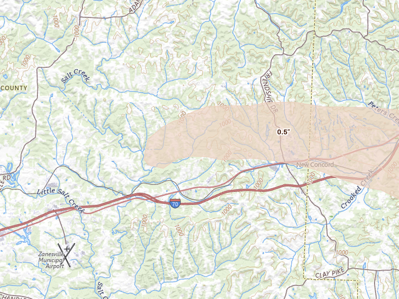 Radar-estimated hail-size map of the storm over Norwich, OH on Jun 25, 2026