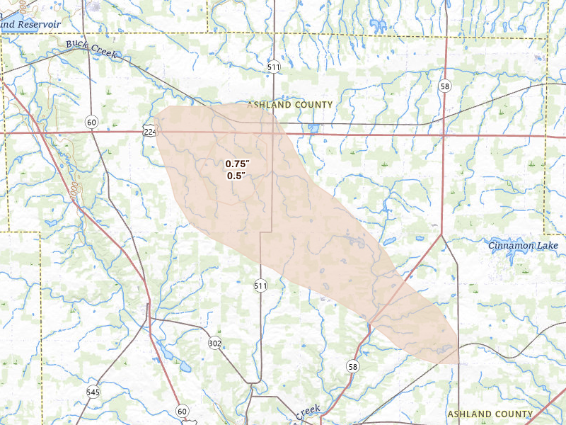 Radar-estimated hail-size map of the storm over Nova, OH on Jun 6, 2026