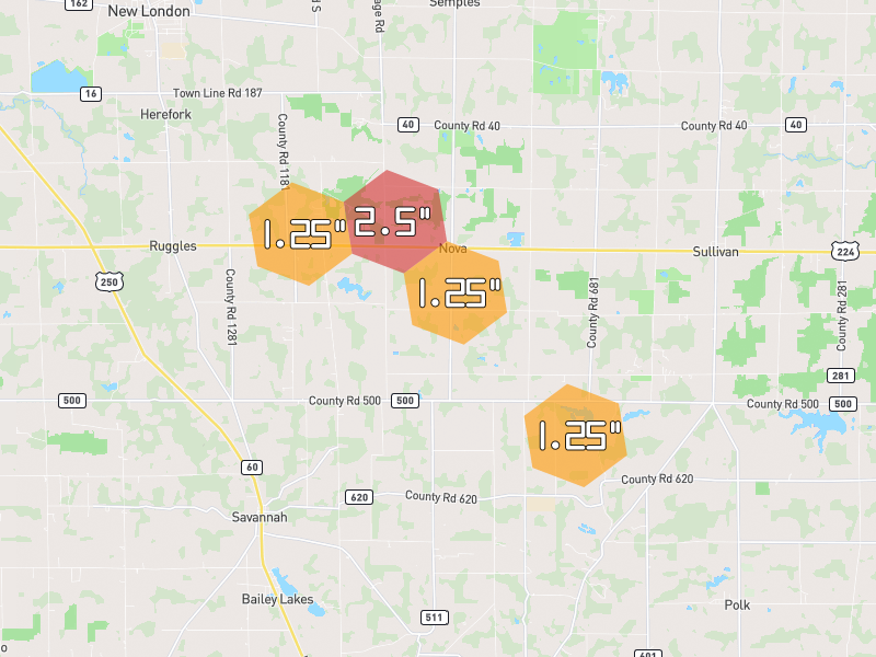 Hail map of Nova, OH on Jun 6, 2026, hail up to 2.5"