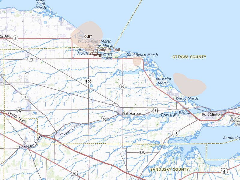 Radar-estimated hail-size map of the storm over Oak Harbor, OH on Mar 26, 2026