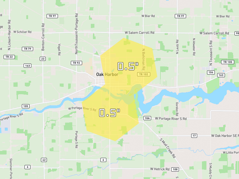 Hail map of Oak Harbor, OH on Jun 6, 2026, hail up to 0.5"