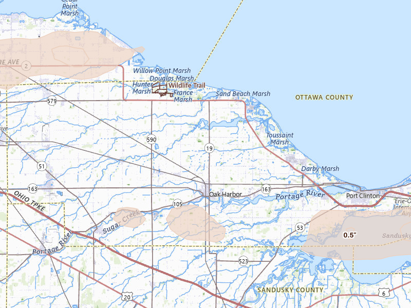 Radar-estimated hail-size map of the storm over Oak Harbor, OH on Jul 20, 2026