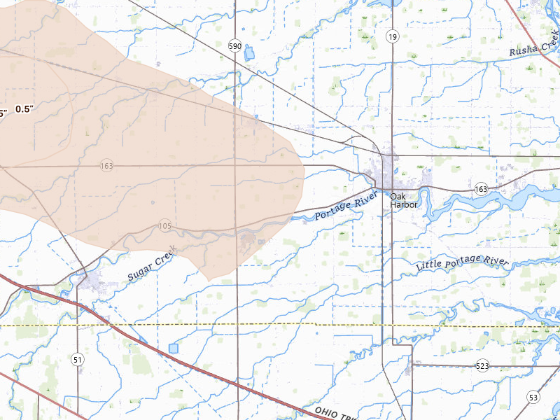 Radar-estimated hail-size map of the storm over Oak Harbor, OH on Aug 10, 2026