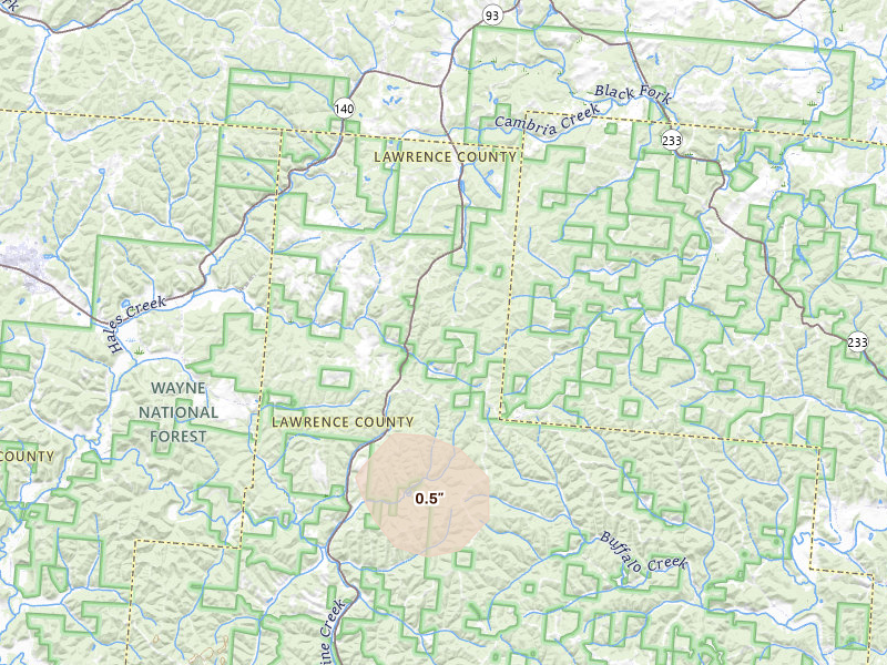 Radar-estimated hail-size map of the storm over Oak Hill, OH on Sep 4, 2026
