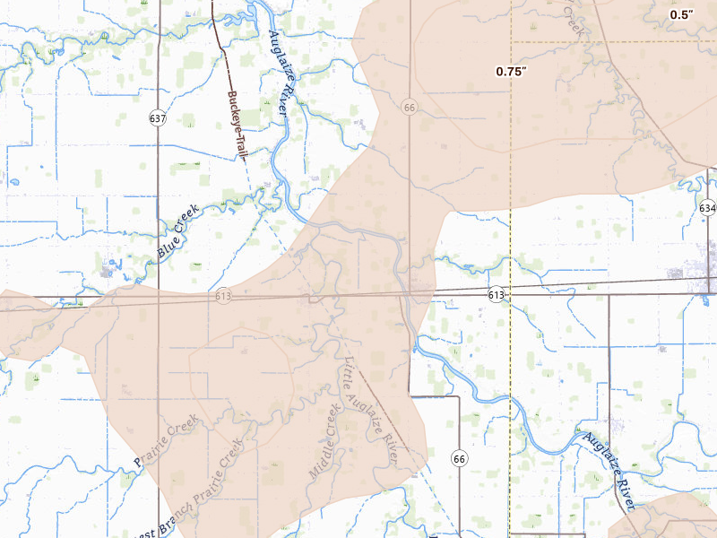 Radar-estimated hail-size map of the storm over Oakwood, OH on Aug 10, 2026