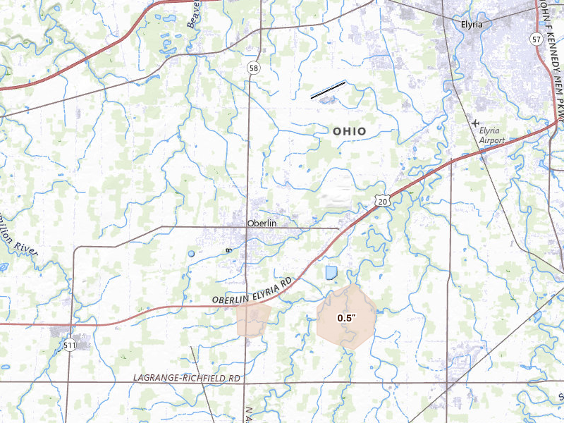 Radar-estimated hail-size map of the storm over Oberlin, OH on Jul 18, 2026