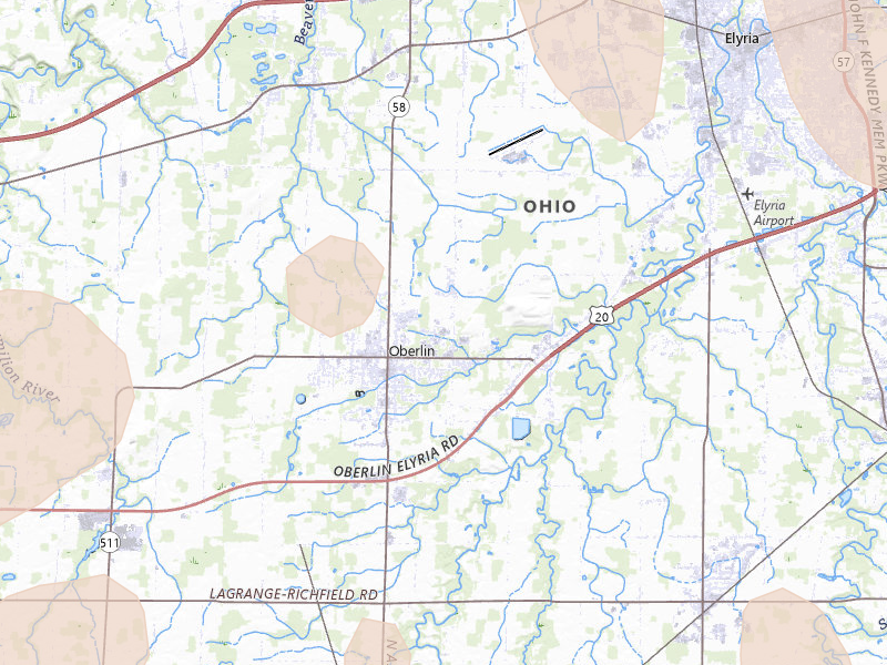 Radar-estimated hail-size map of the storm over Oberlin, OH on Aug 10, 2026