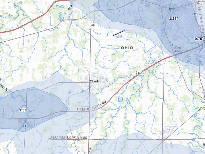 NEXRAD radar-signature map of the hail storm over Oberlin, OH on Aug 10, 2026