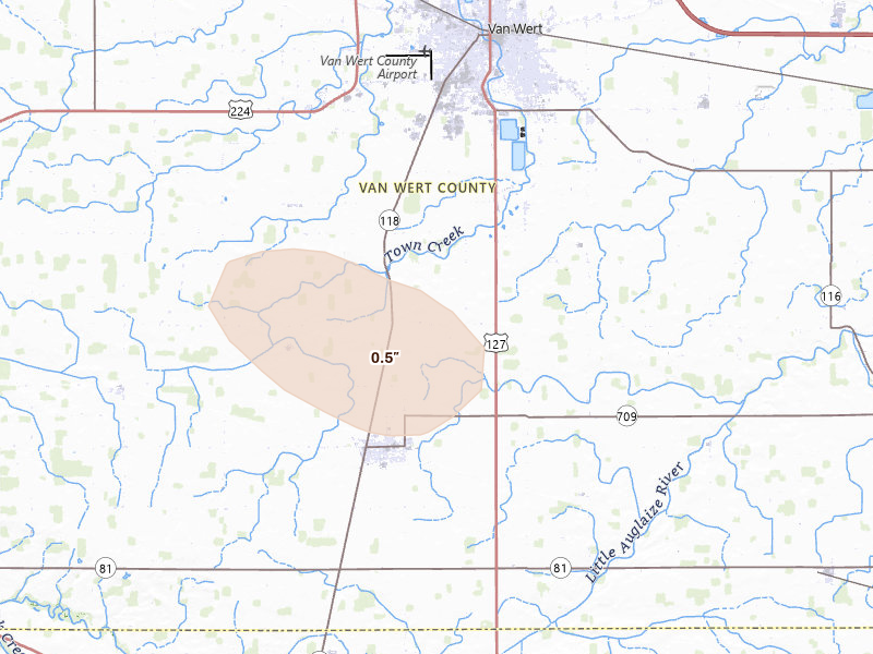 Radar-estimated hail-size map of the storm over Ohio City, OH on Jul 3, 2026