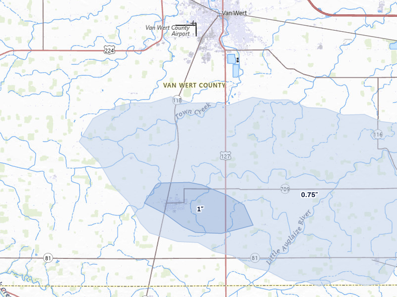 NEXRAD radar-signature map of the hail over Ohio City, OH