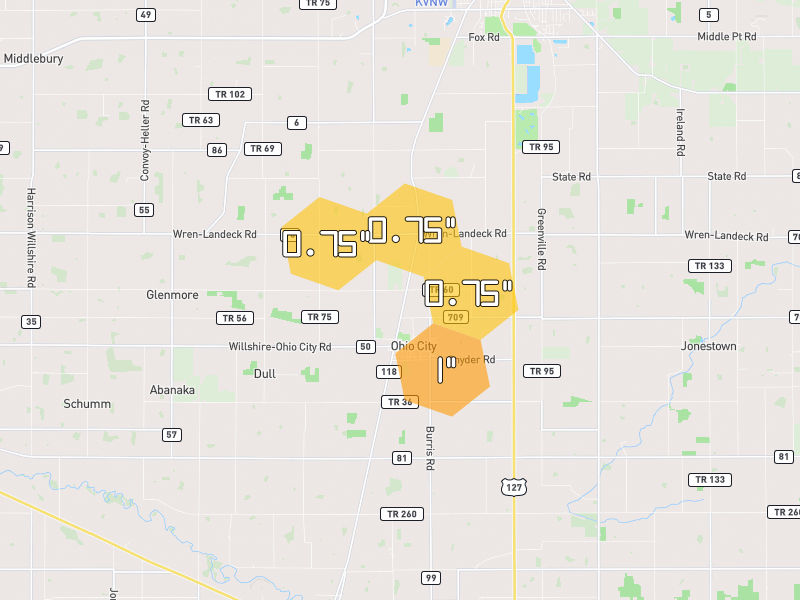 Hail map of Ohio City, OH on Jul 3, 2026, hail up to 1"