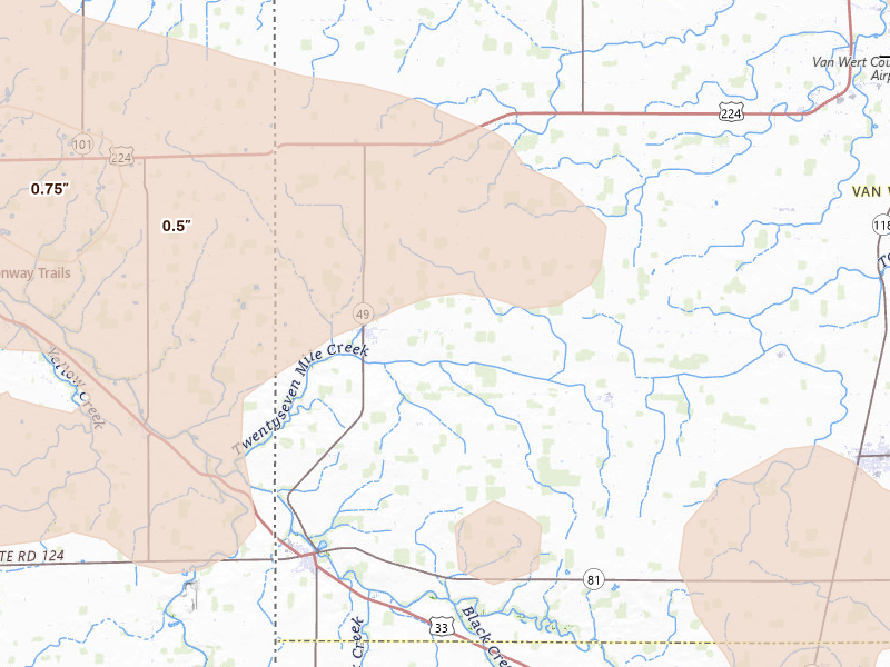 Radar-estimated hail-size map of the storm over Ohio City, OH on Aug 10, 2026