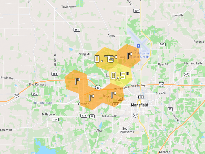 Hail map of Ontario, OH on Jul 4, 2026, hail up to 1"