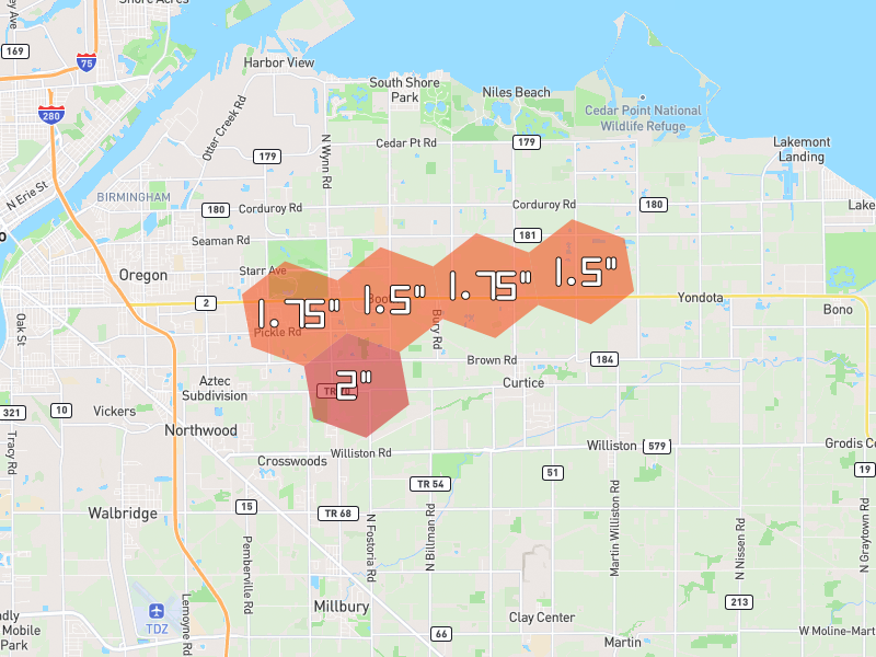 Hail map of Oregon, OH on Jul 21, 2026, hail up to 2"
