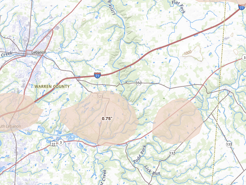 Radar-estimated hail-size map of the storm over Oregonia, OH on Jul 21, 2026