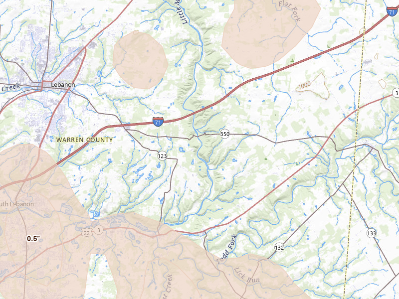 Radar-estimated hail-size map of the storm over Oregonia, OH on Aug 11, 2026