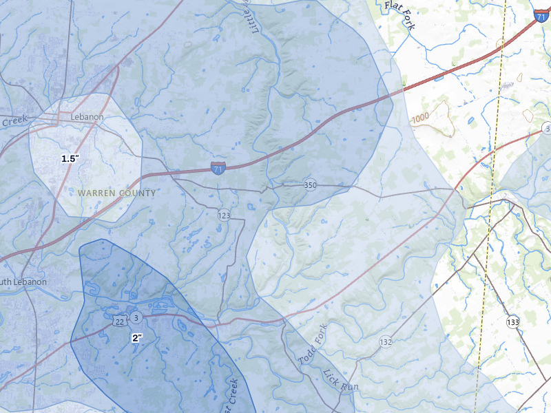 NEXRAD radar-signature map of the hail storm over Oregonia, OH on Aug 11, 2026
