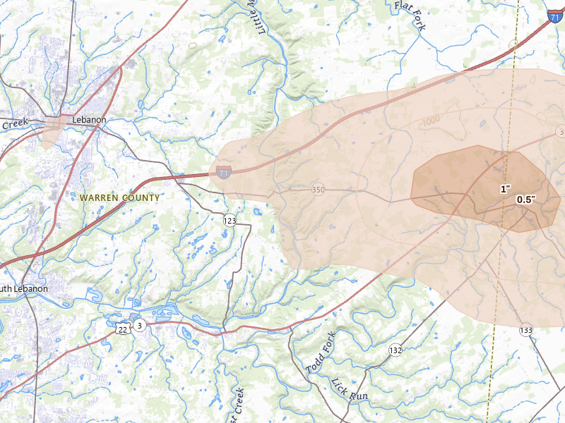Radar-estimated hail-size map of the storm over Oregonia, OH on Aug 22, 2026