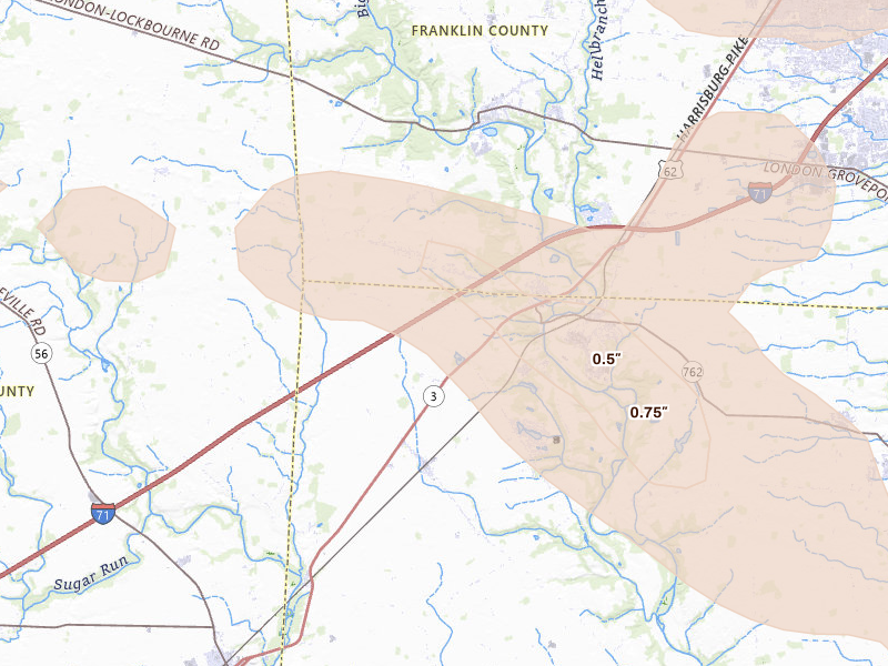 Radar-estimated hail-size map of the storm over Orient, OH on Aug 10, 2026