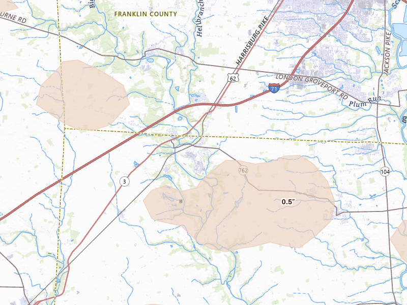 Radar-estimated hail-size map of the storm over Orient, OH on Aug 11, 2026