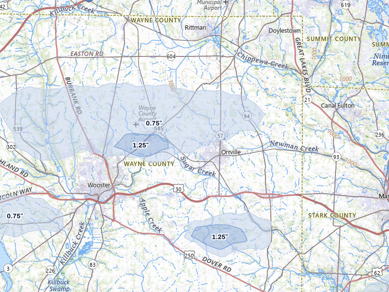 NEXRAD radar-signature map of the hail over Orrville, OH