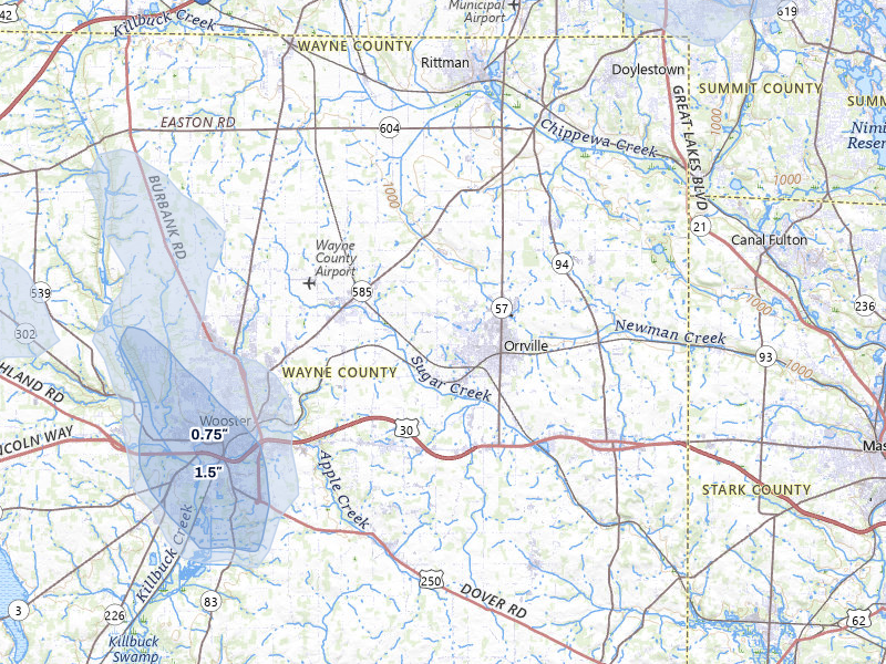 NEXRAD radar-signature map of the hail storm over Orrville, OH on Jul 3, 2026