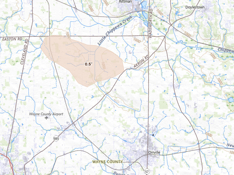 Radar-estimated hail-size map of the storm over Orrville, OH on Aug 10, 2026