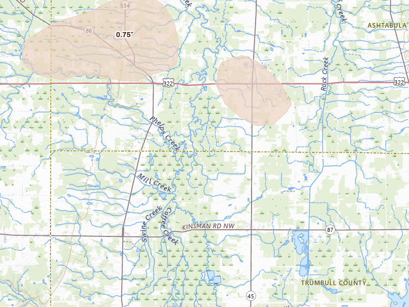Radar-estimated hail-size map of the storm over Orwell, OH on Jul 6, 2026