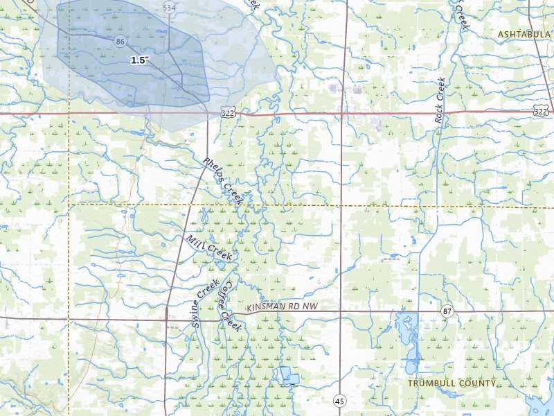 NEXRAD radar-signature map of the hail storm over Orwell, OH on Jul 6, 2026