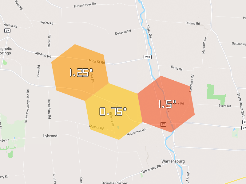 Hail map of Ostrander, OH on Jun 6, 2026, hail up to 1.5"