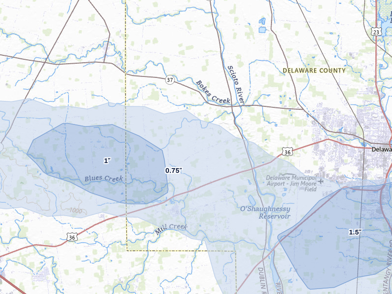 NEXRAD radar-signature map of the hail over Ostrander, OH