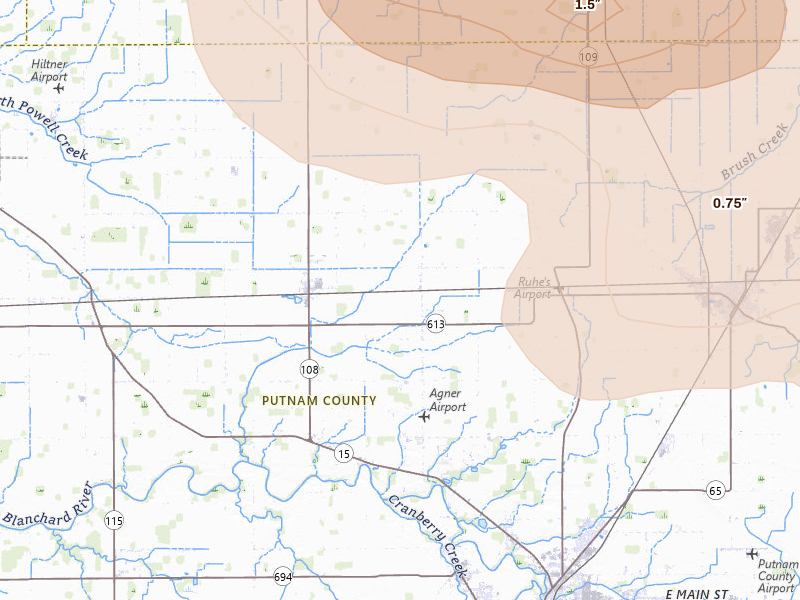 Radar-estimated hail-size map of the storm over Ottawa, OH on Mar 26, 2026