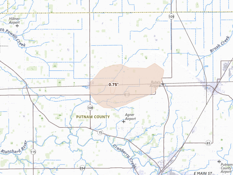 Radar-estimated hail-size map of the storm over Ottawa, OH on Apr 22, 2026