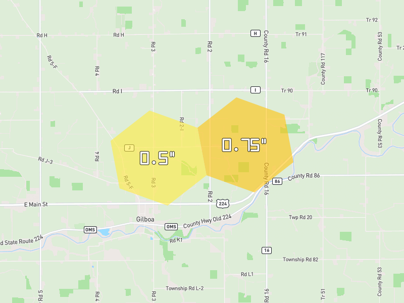 Hail map of Ottawa, OH on Jul 3, 2026, hail up to 0.75"