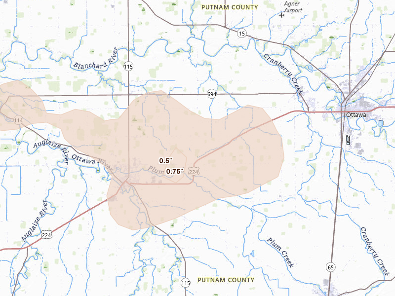 Radar-estimated hail-size map of the storm over Ottawa, OH on Aug 10, 2026