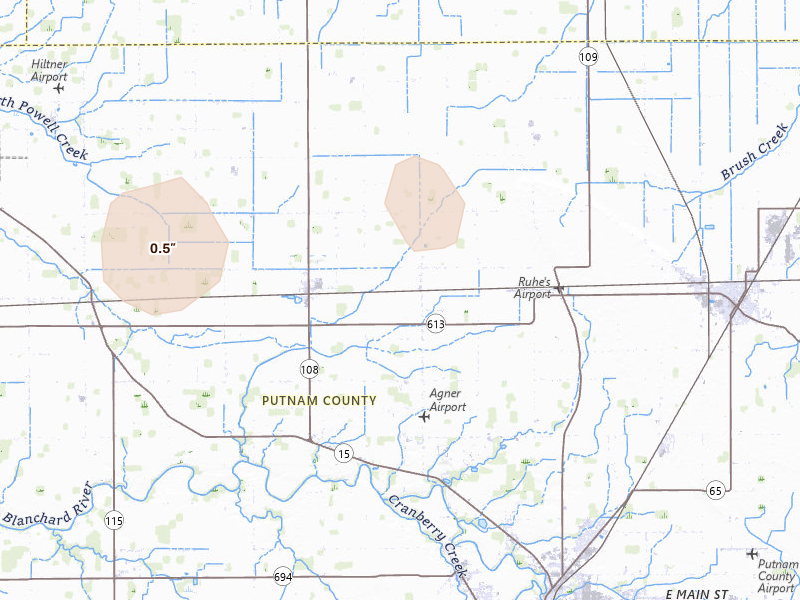 Radar-estimated hail-size map of the storm over Ottawa, OH on Aug 11, 2026