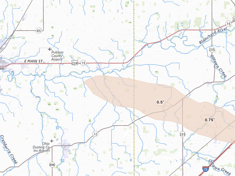 Radar-estimated hail-size map of the storm over Ottawa, OH on Aug 12, 2026