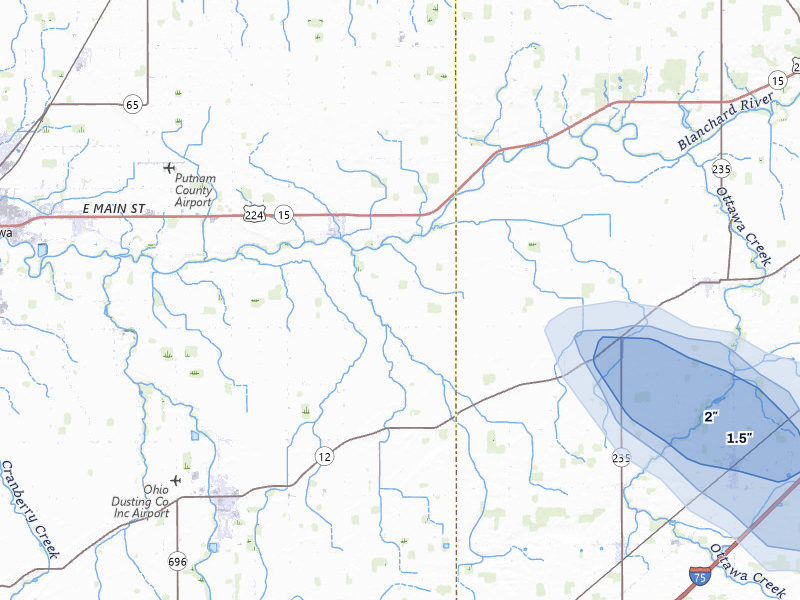 NEXRAD radar-signature map of the hail storm over Ottawa, OH on Aug 12, 2026
