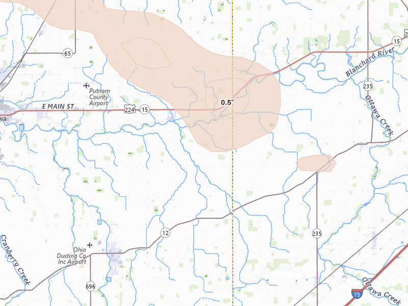 Radar-estimated hail-size map of the storm over Ottawa, OH on Sep 3, 2026