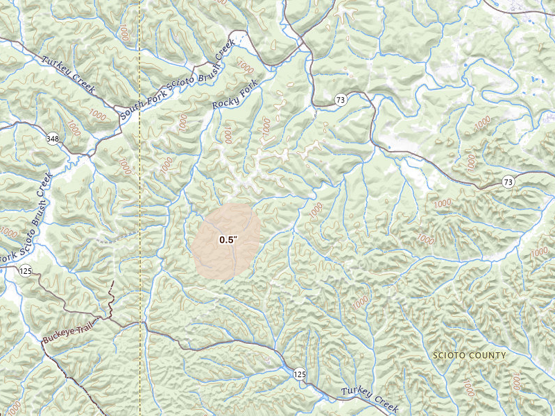 Radar-estimated hail-size map of the storm over Otway, OH on Aug 5, 2026