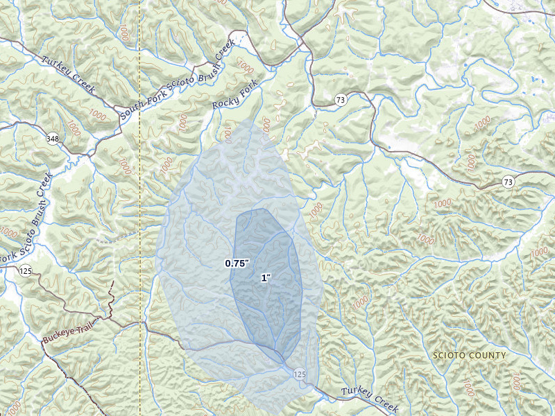 NEXRAD radar-signature map of the hail storm over Otway, OH on Aug 5, 2026