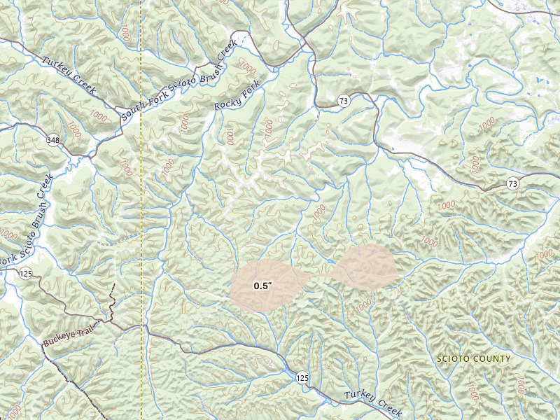 Radar-estimated hail-size map of the storm over Otway, OH on Aug 22, 2026